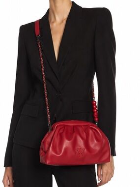 BADGLEY MISCHKA Vegan Leather Red Gathered Leather Crossbody Bag w Beaded Chain